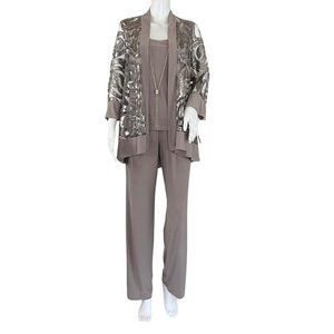 R&M Richards Women’s 3 Piece Sequin Swing Jacket-Blouse-Pants Champagne Sz 6